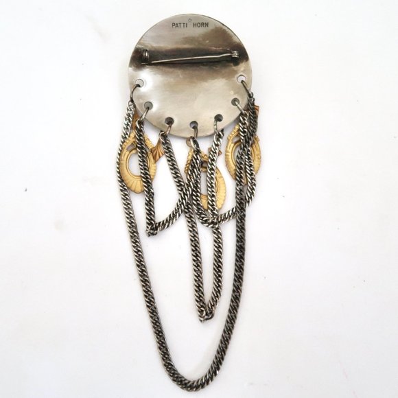 vtg PATTI HORN Metal Brooch w chain - Picture 2 of 3